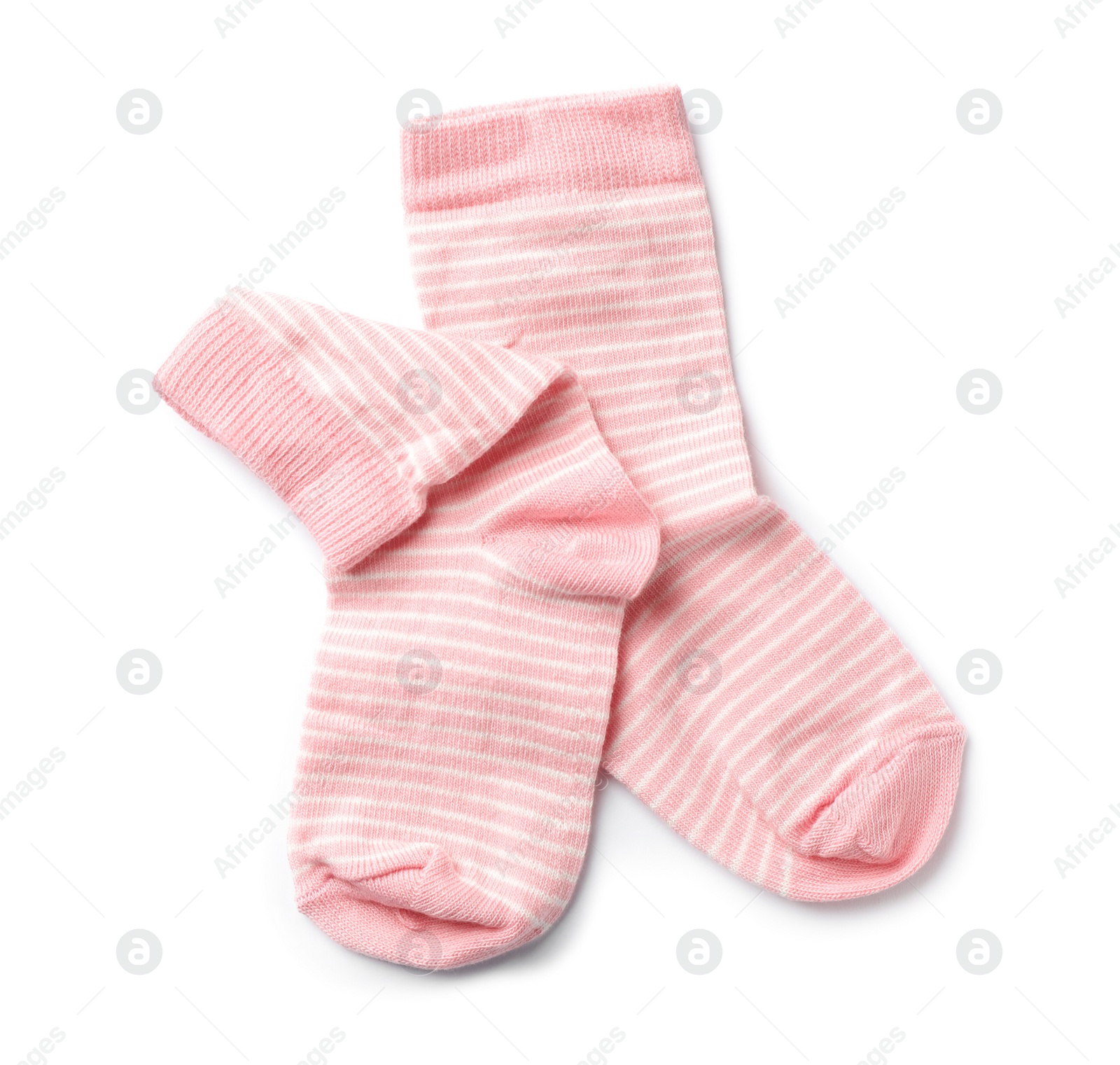 Photo of Cute child socks on white background, top view