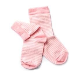 Cute child socks on white background, top view