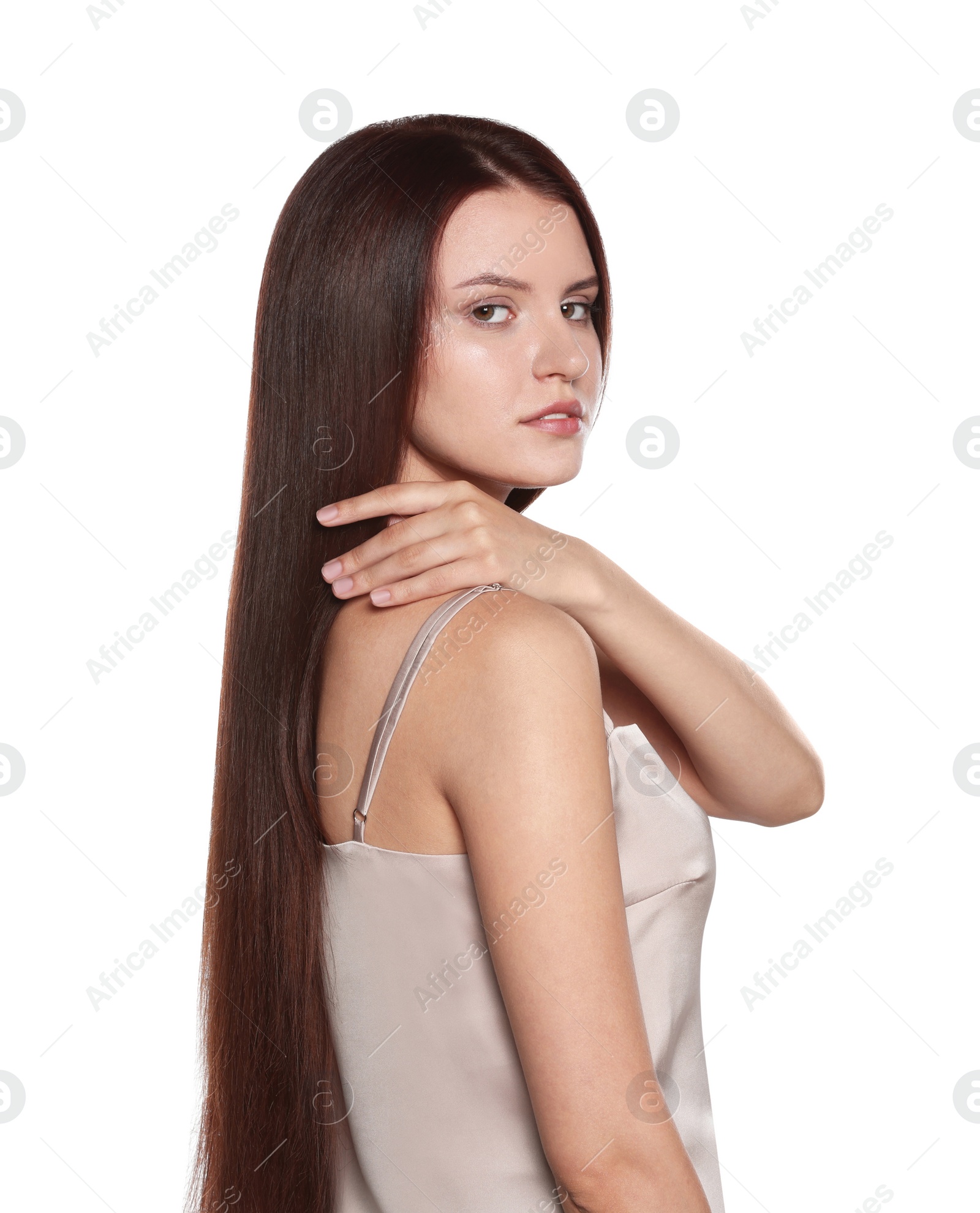 Photo of Portrait of beautiful young woman with healthy strong hair on white background