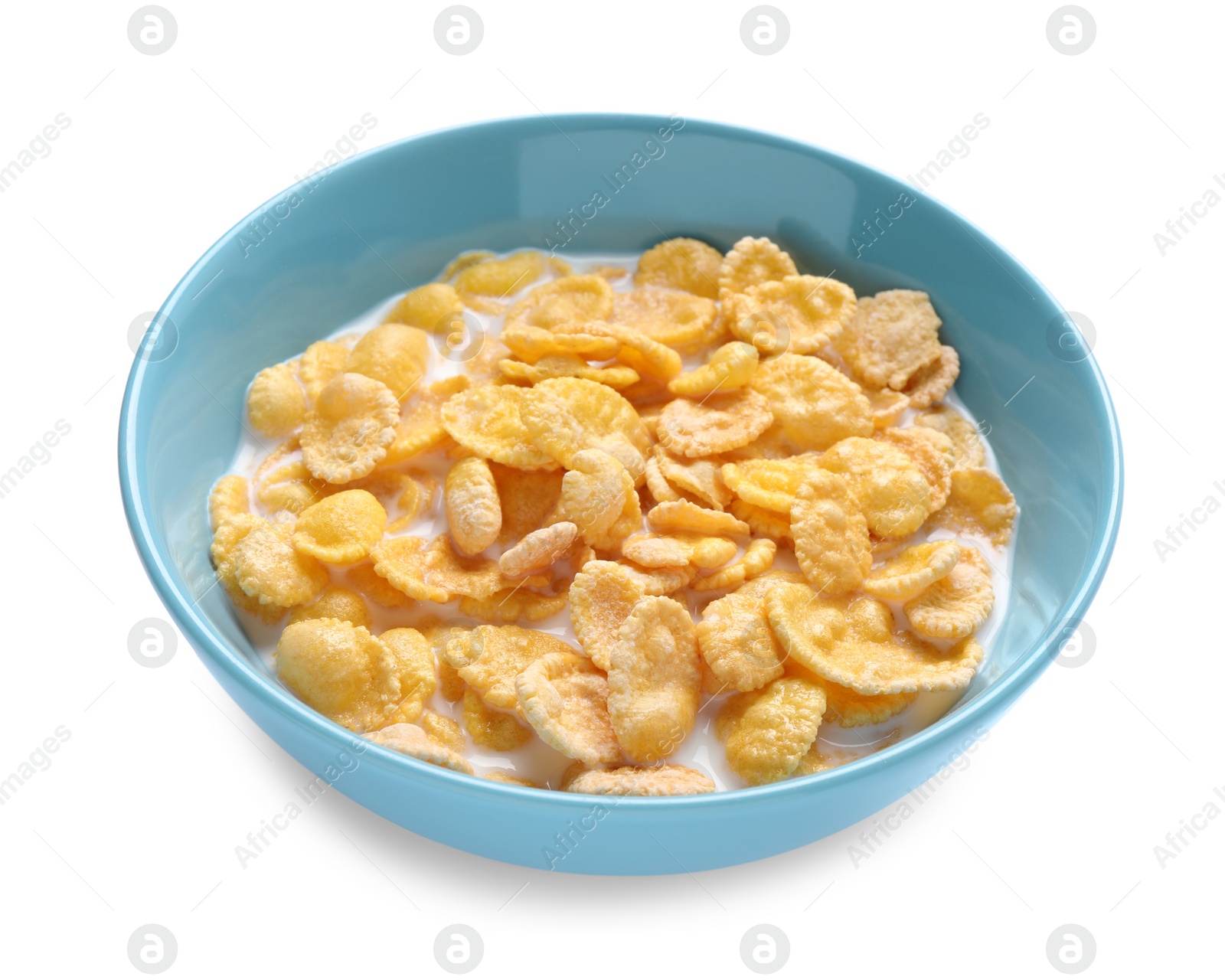 Photo of Tasty corn flakes with milk in bowl isolated on white