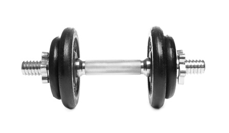 Photo of Professional dumbbell on white background. Sporting equipment