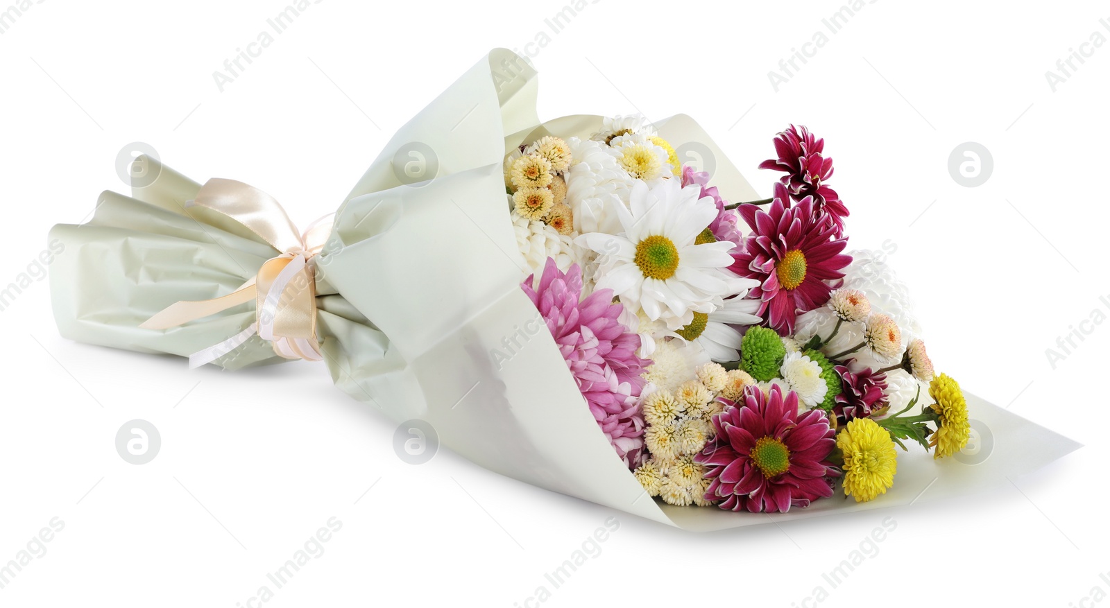 Photo of Bouquet of beautiful chrysanthemum flowers isolated on white