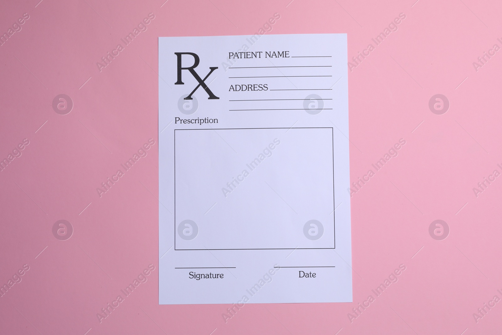 Photo of Medical prescription form on pink background, top view