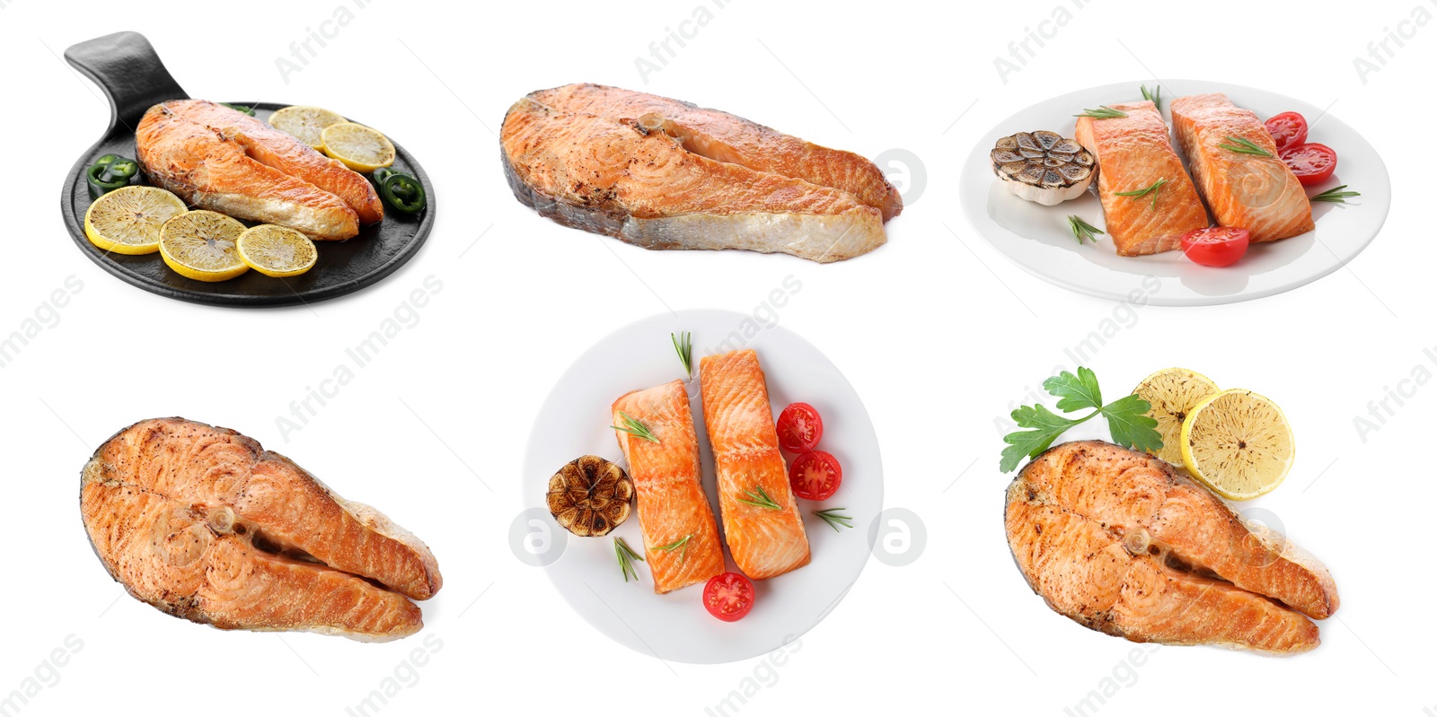 Image of Set of delicious roasted fish on white background