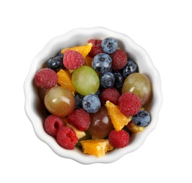 Photo of Fresh tasty fruit salad on white background, top view