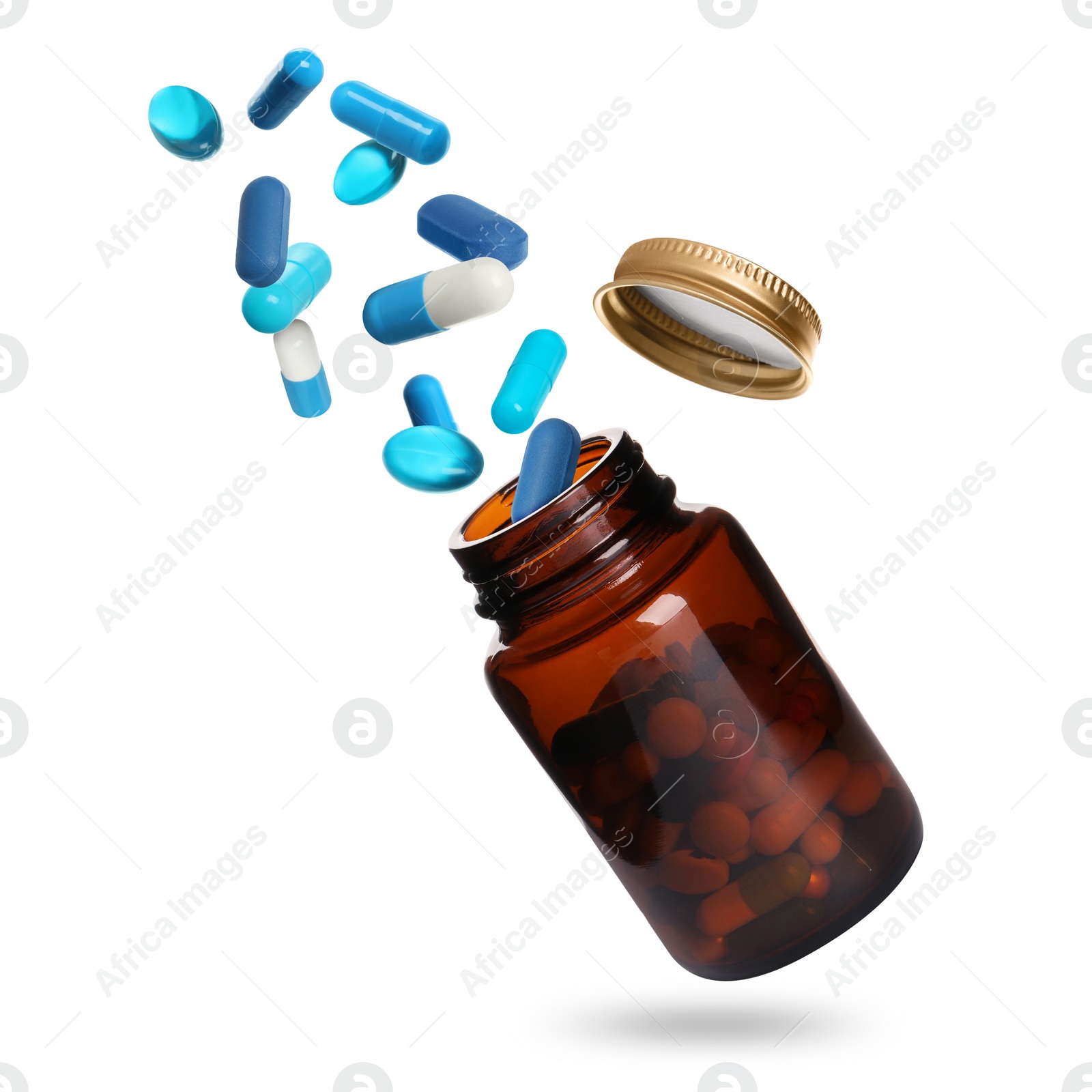 Image of Many different colorful pills falling into bottle on white background