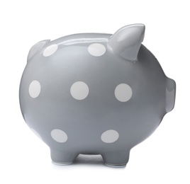 Photo of Gray piggy bank on white background. Money saving