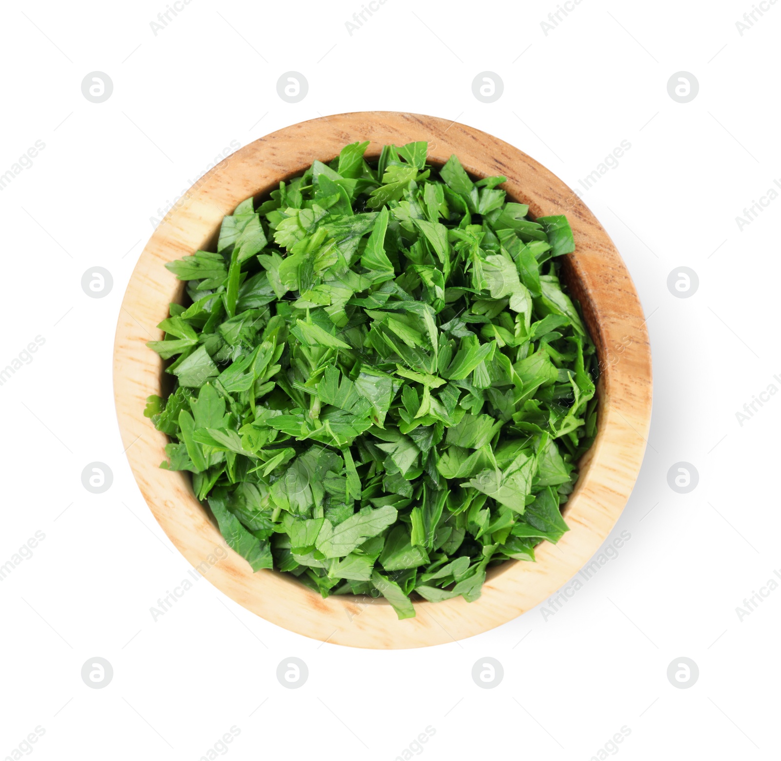 Chopped parsley leaves in wooden bowl isolated on white, top view Photo of Chopped parsley leaves in wooden bowl isolated on white, top view