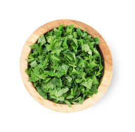 Photo of Chopped parsley leaves in wooden bowl isolated on white, top view