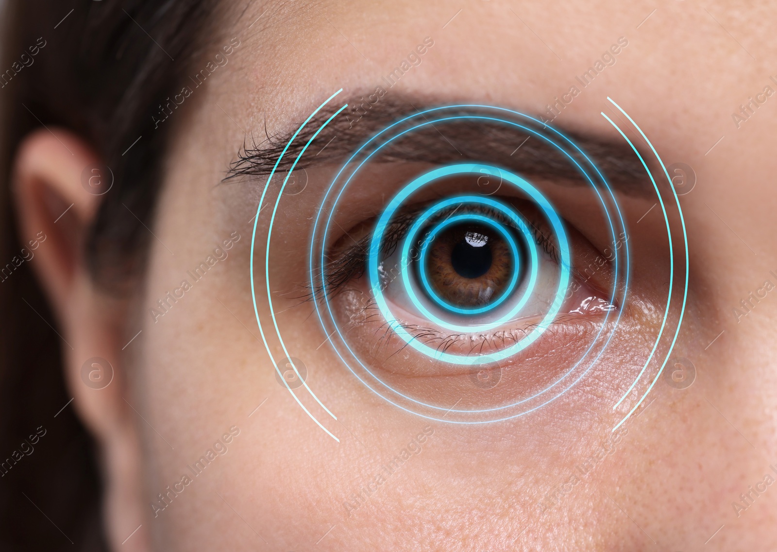 Image of Vision test. Woman and digital scheme focused on her eye, closeup