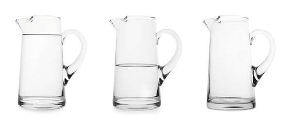 Glass jug isolated on white, collage with empty, semi filled and full