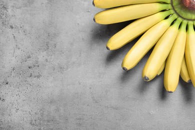 Photo of Bunch of ripe baby bananas on grey table, top view. Space for text
