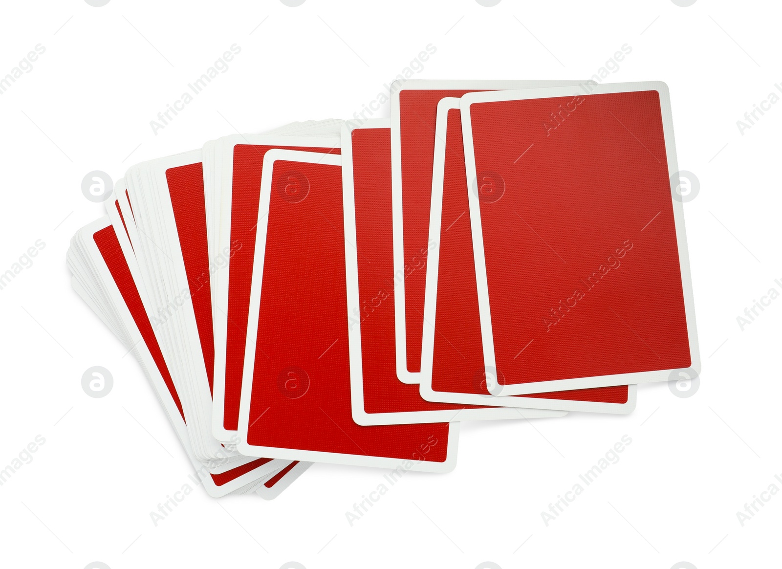 Photo of Deck of playing cards isolated on white, top view. Poker game