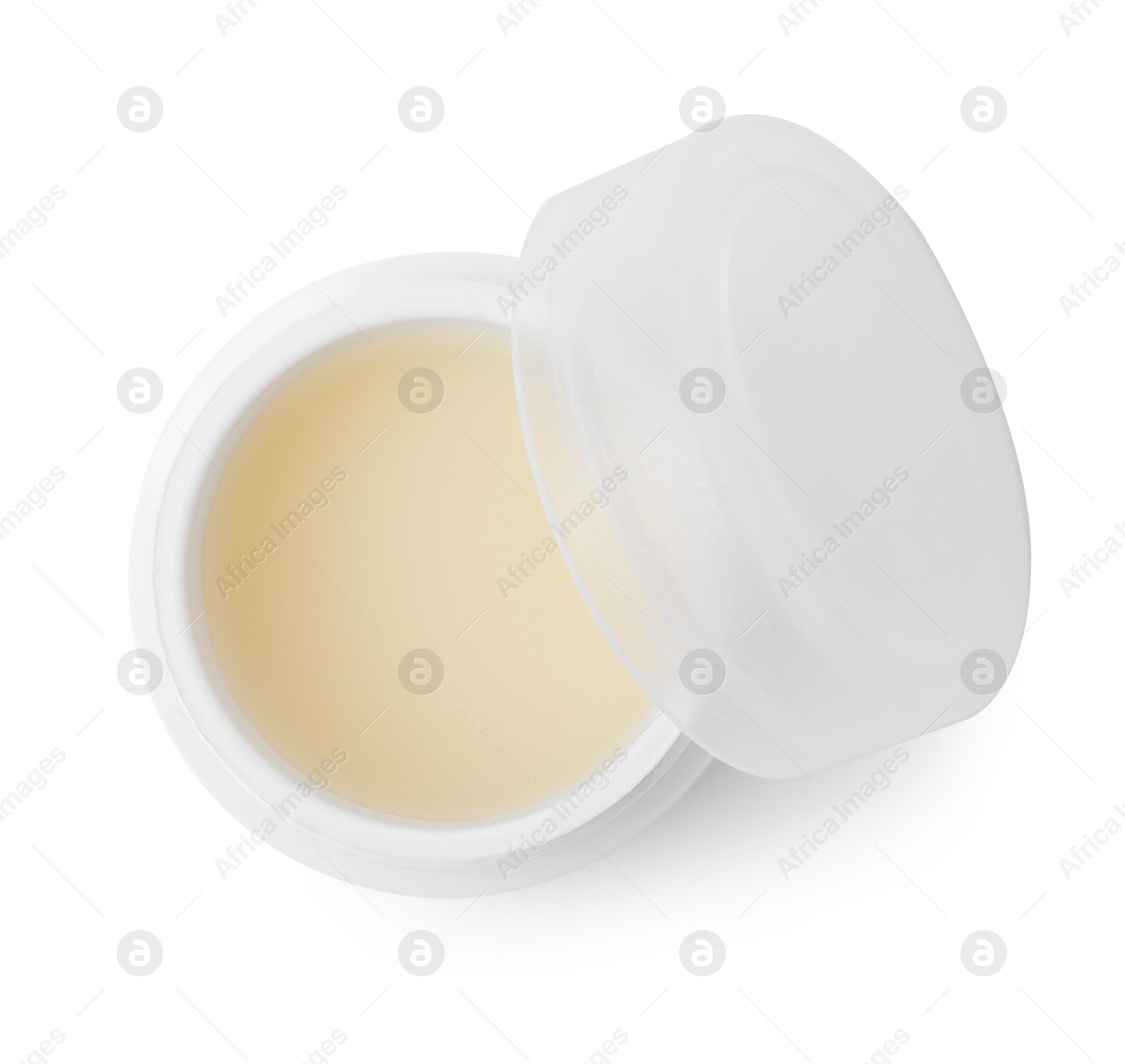 Photo of Jar of petroleum jelly on white background, top view