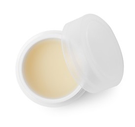 Photo of Jar of petroleum jelly on white background, top view