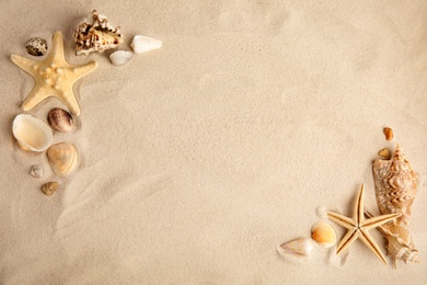 Photo of Flat lay composition with beautiful starfishes and sea shells on sand, space for text