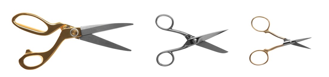 Image of Set with different scissors on white background. Banner design