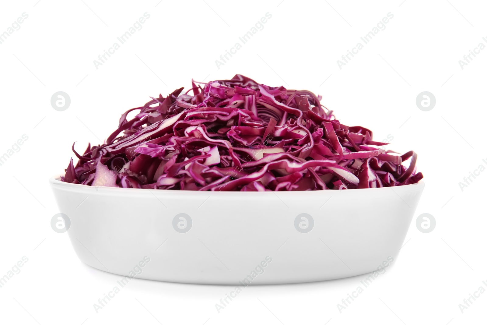 Photo of Bowl with chopped red cabbage on white background