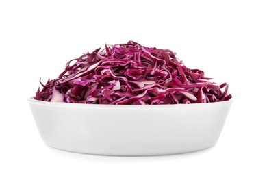 Photo of Bowl with chopped red cabbage on white background