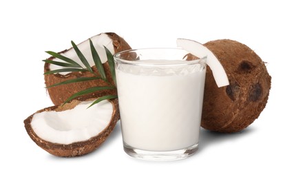 Glass of delicious vegan milk, coconuts and green leaves on white background