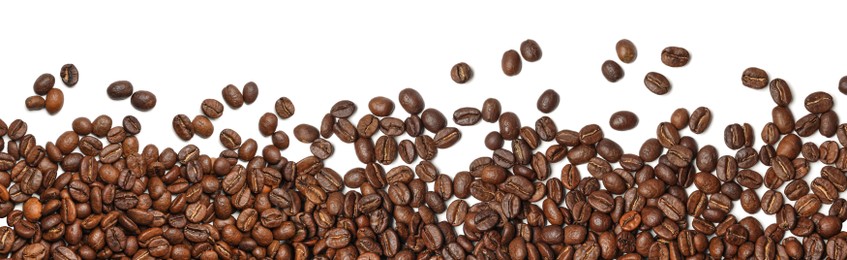 Image of Many roasted coffee beans on white background, top view. Banner design