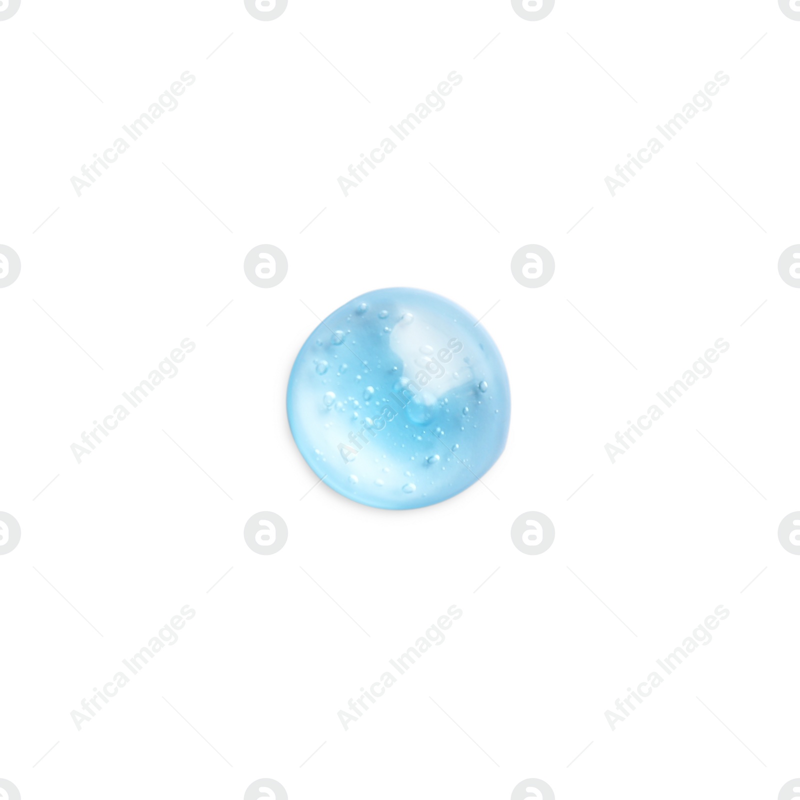 Photo of Drop of light blue ointment on white background, top view