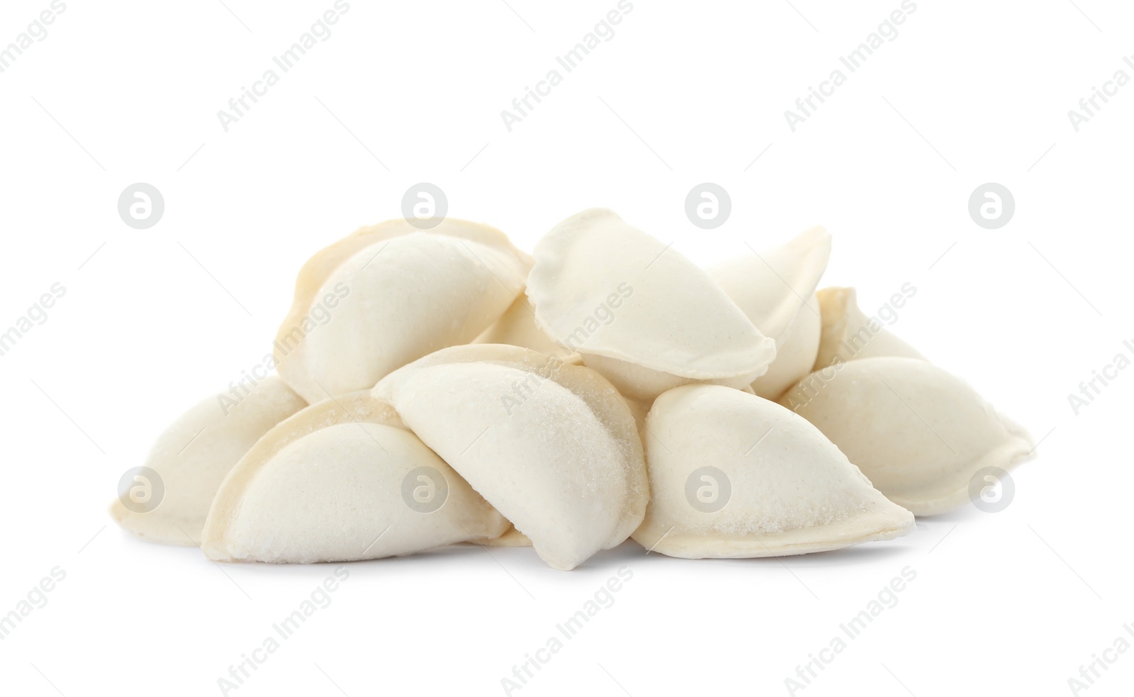 Photo of Heap of raw dumplings on white background