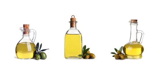 Image of Set with oil, ripe olives and leaves on white background. Banner design