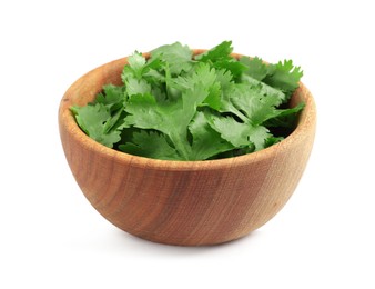 Photo of Bowl with fresh green coriander leaves isolated on white