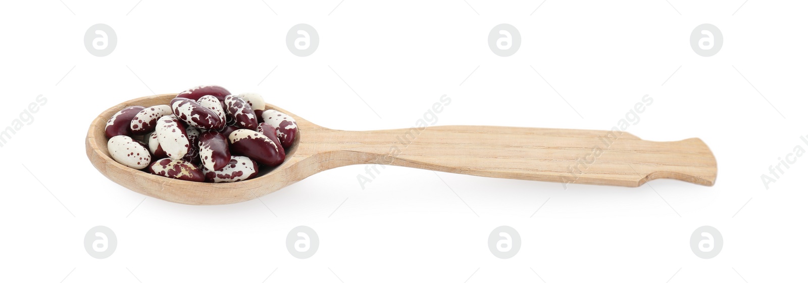 Photo of Wooden spoon with dry kidney beans isolated on white