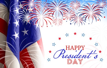 Image of Happy President's Day - federal holiday. American national flag and fireworks on white background