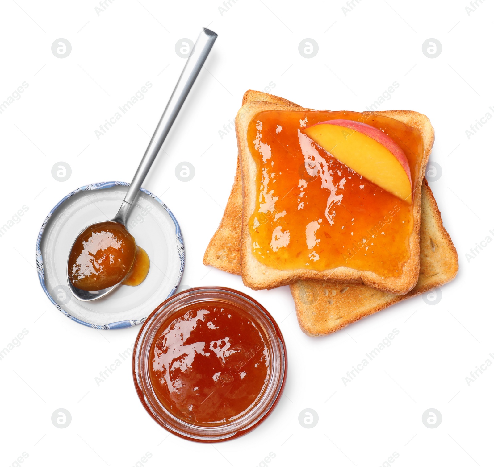 Photo of Delicious toasts with jam isolated on white, top view