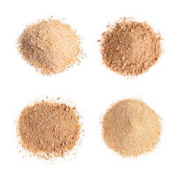 Image of Set with fresh bread crumbs on white background, top view