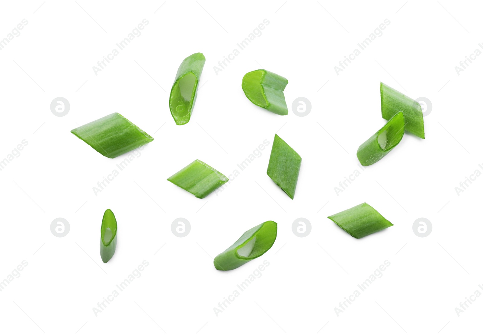 Photo of Fresh chopped green onion isolated on white, top view