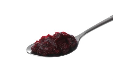 Spoon with tasty beet puree on white background