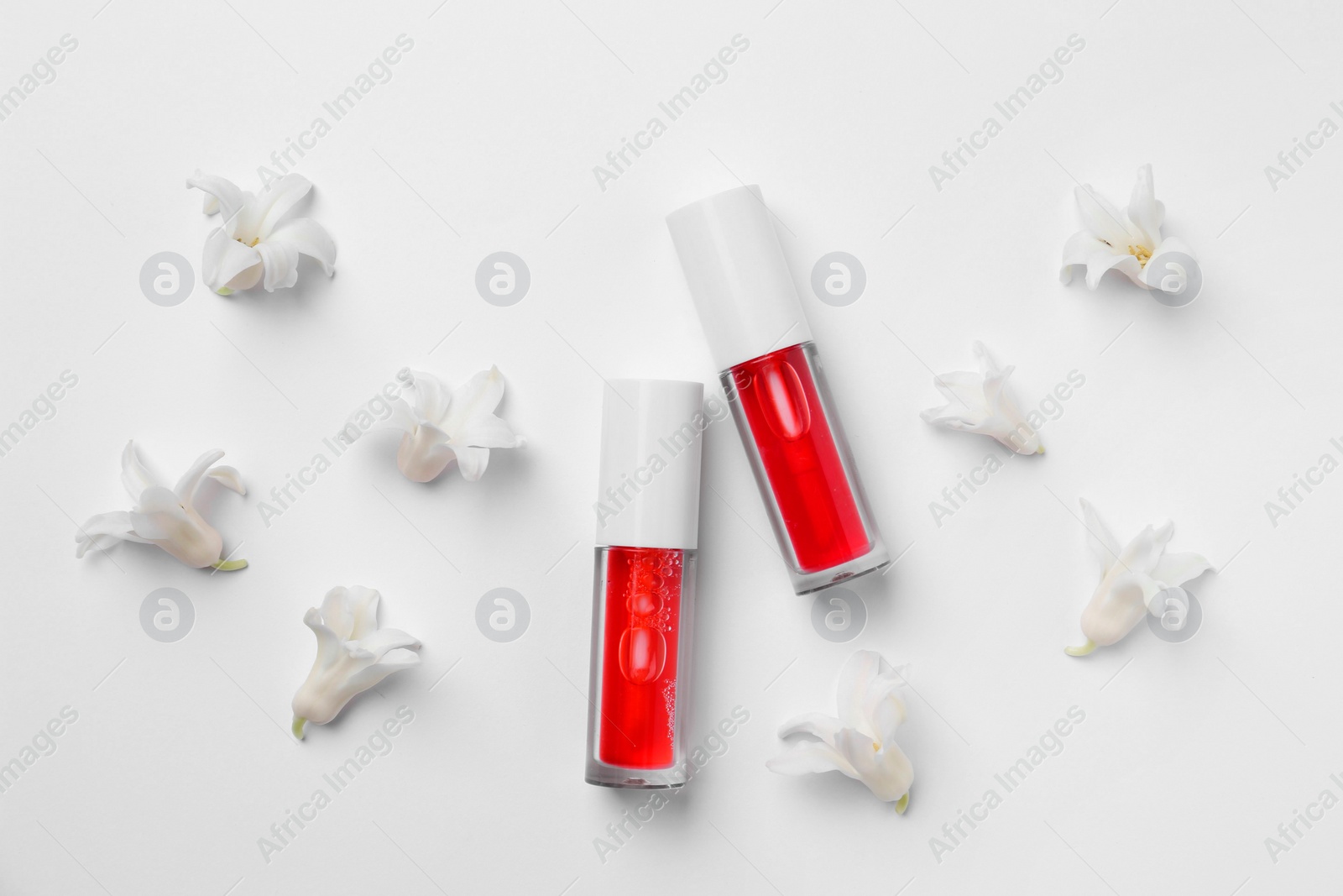 Photo of Bright lip glosses and flowers on white background, flat lay