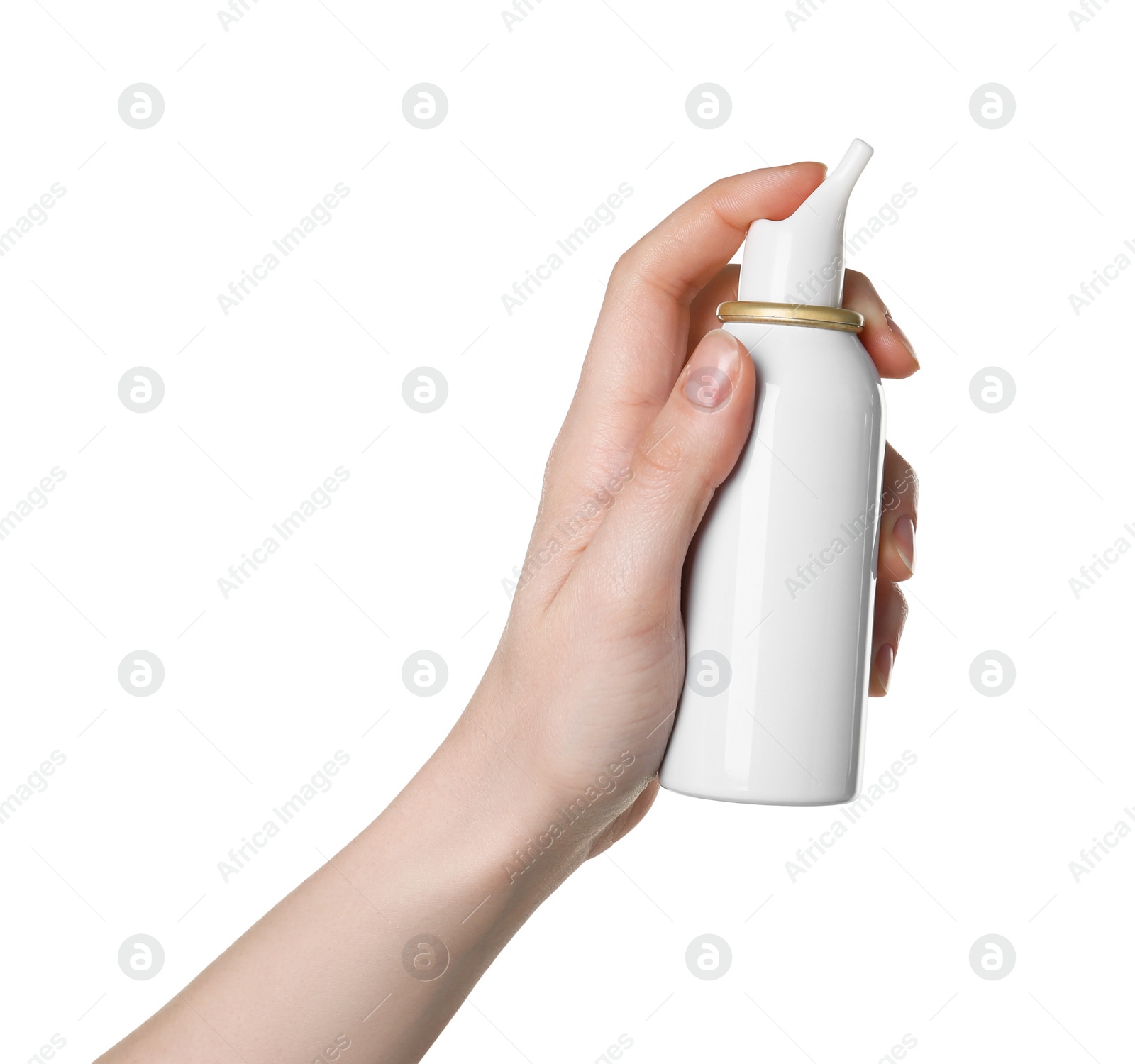 Photo of Woman holding nasal spray on white background, closeup