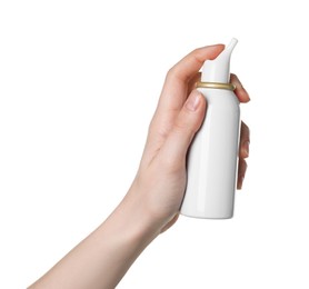 Photo of Woman holding nasal spray on white background, closeup