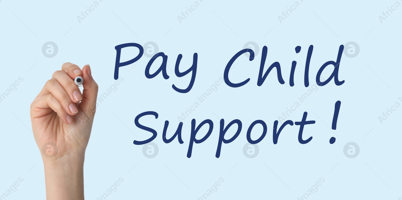 Image of Woman with marker and phrase PAY CHILD SUPPORT! on light background, closeup. Banner design