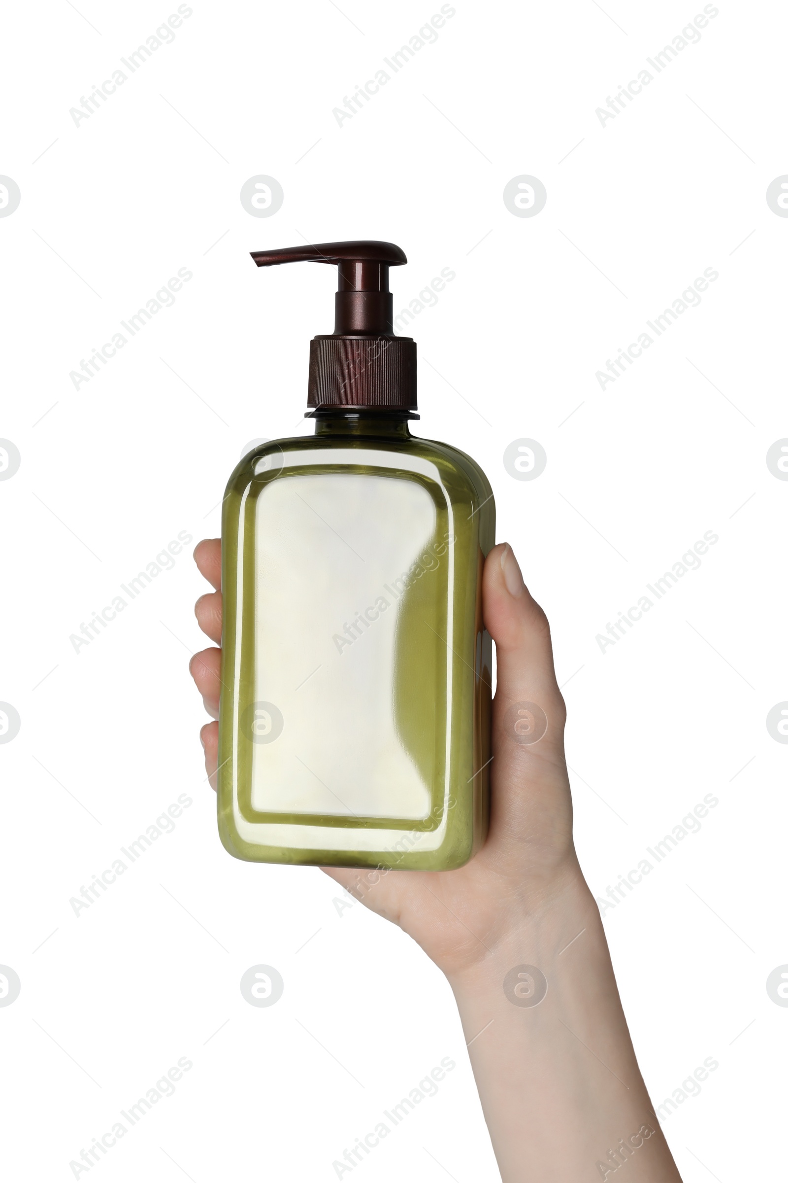 Photo of Woman holding bottle of face cleansing product on white background, closeup