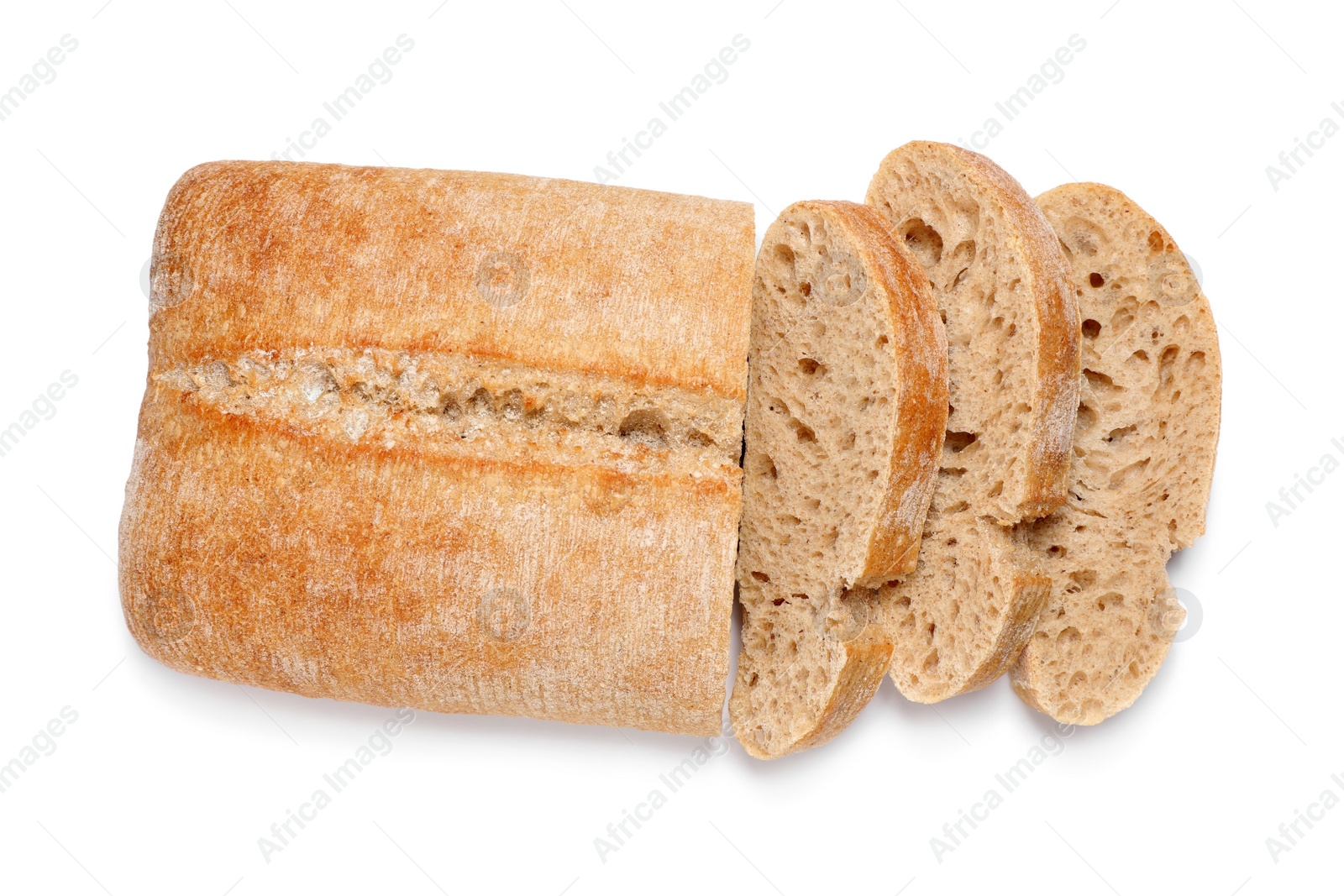 Photo of Cut ciabatta on white background, top view. Delicious bread