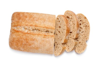 Cut ciabatta on white background, top view. Delicious bread