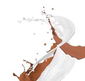 Splashes of chocolate milk and ordinary one mixing together on white background