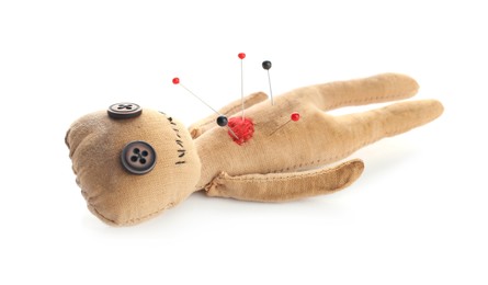 Voodoo doll with pins isolated on white