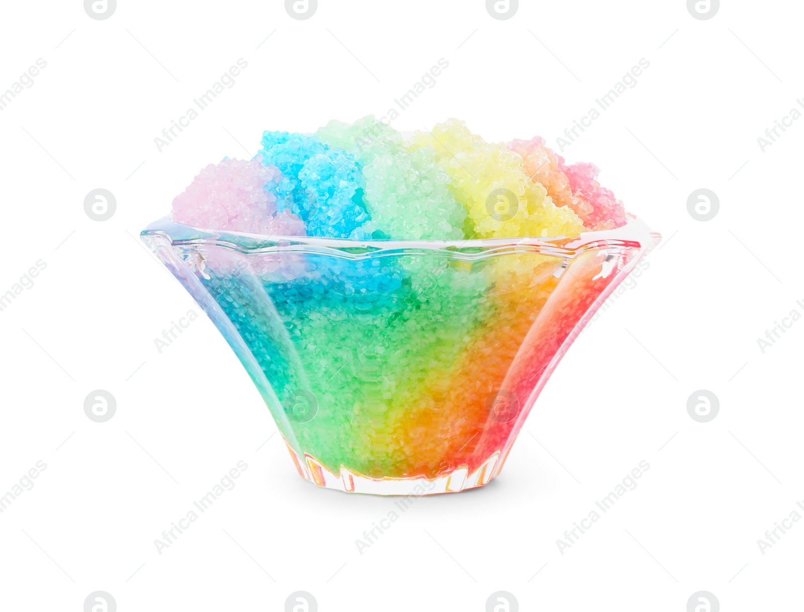 Photo of Rainbow shaving ice in glass dessert bowl isolated on white