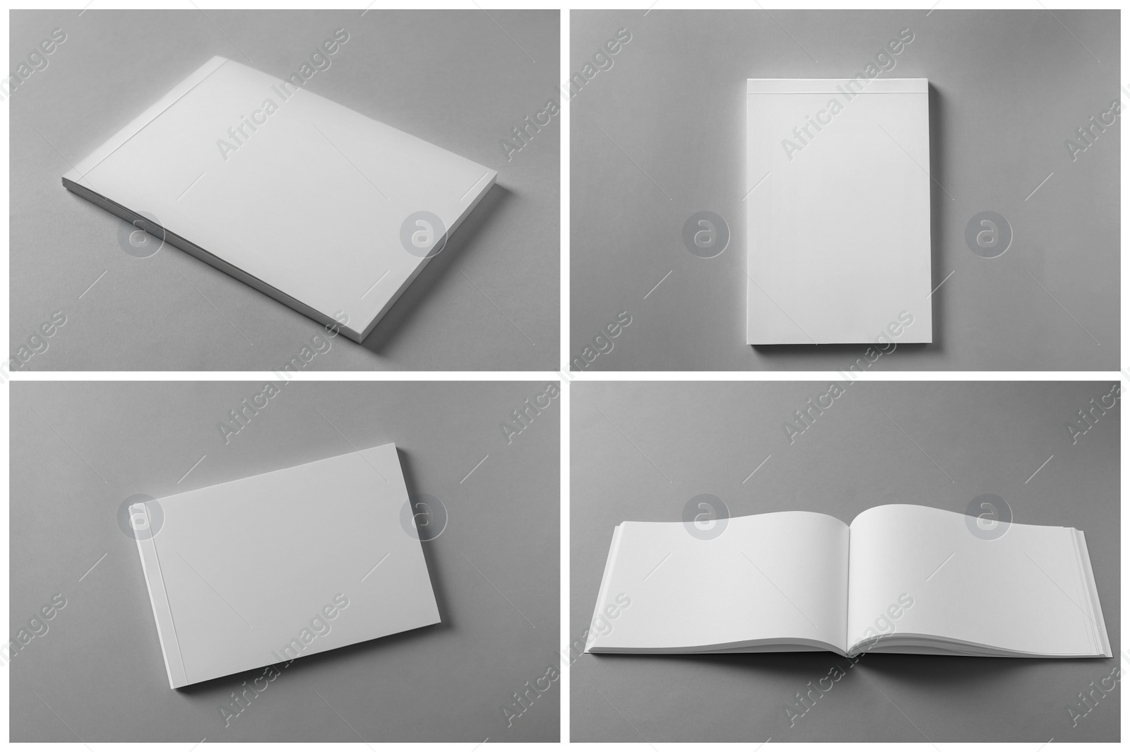 Image of Open blank brochures on grey background, collage 