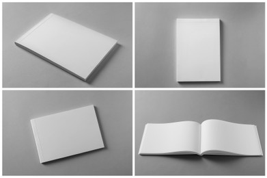 Image of Open blank brochures on grey background, collage 