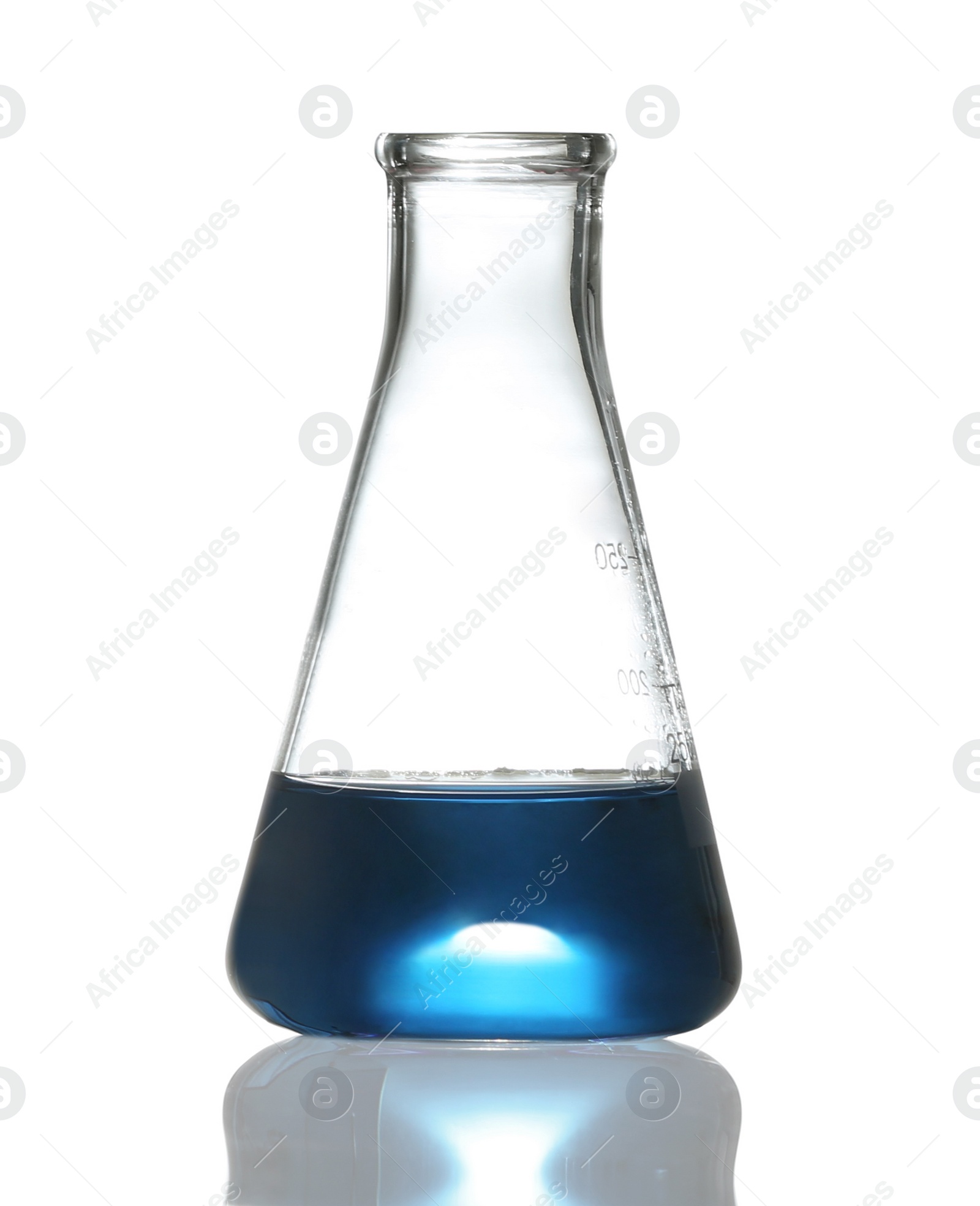 Photo of Conical flask with liquid on white background. Chemistry glassware