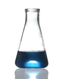 Photo of Conical flask with liquid on white background. Chemistry glassware