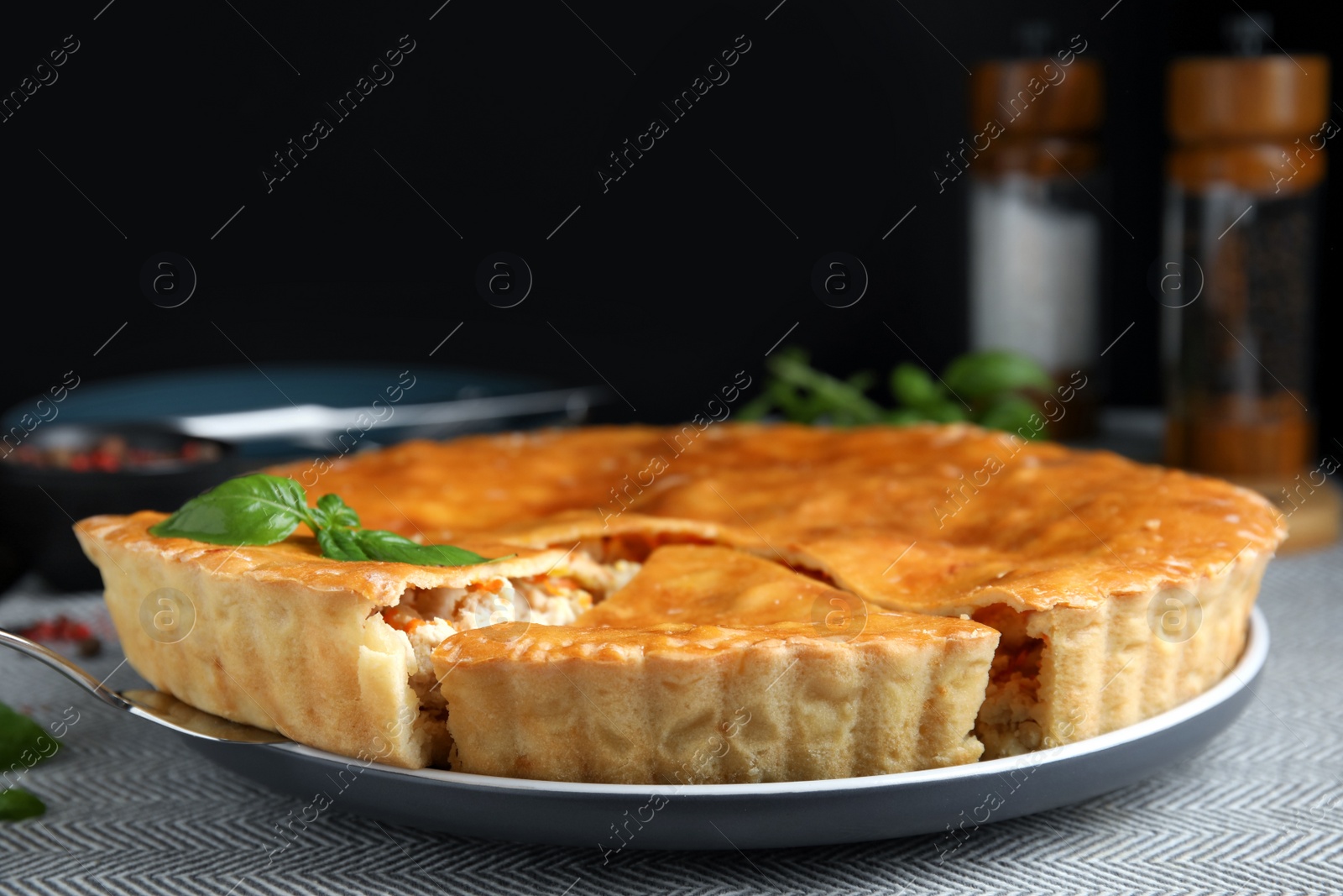 Photo of Delicious meat pie with basil on table, closeup. Space for text